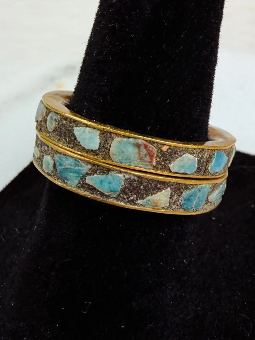 2 Vintage sz 6.5 stacking rings with turquoise colored blue Inlay Brass Bands